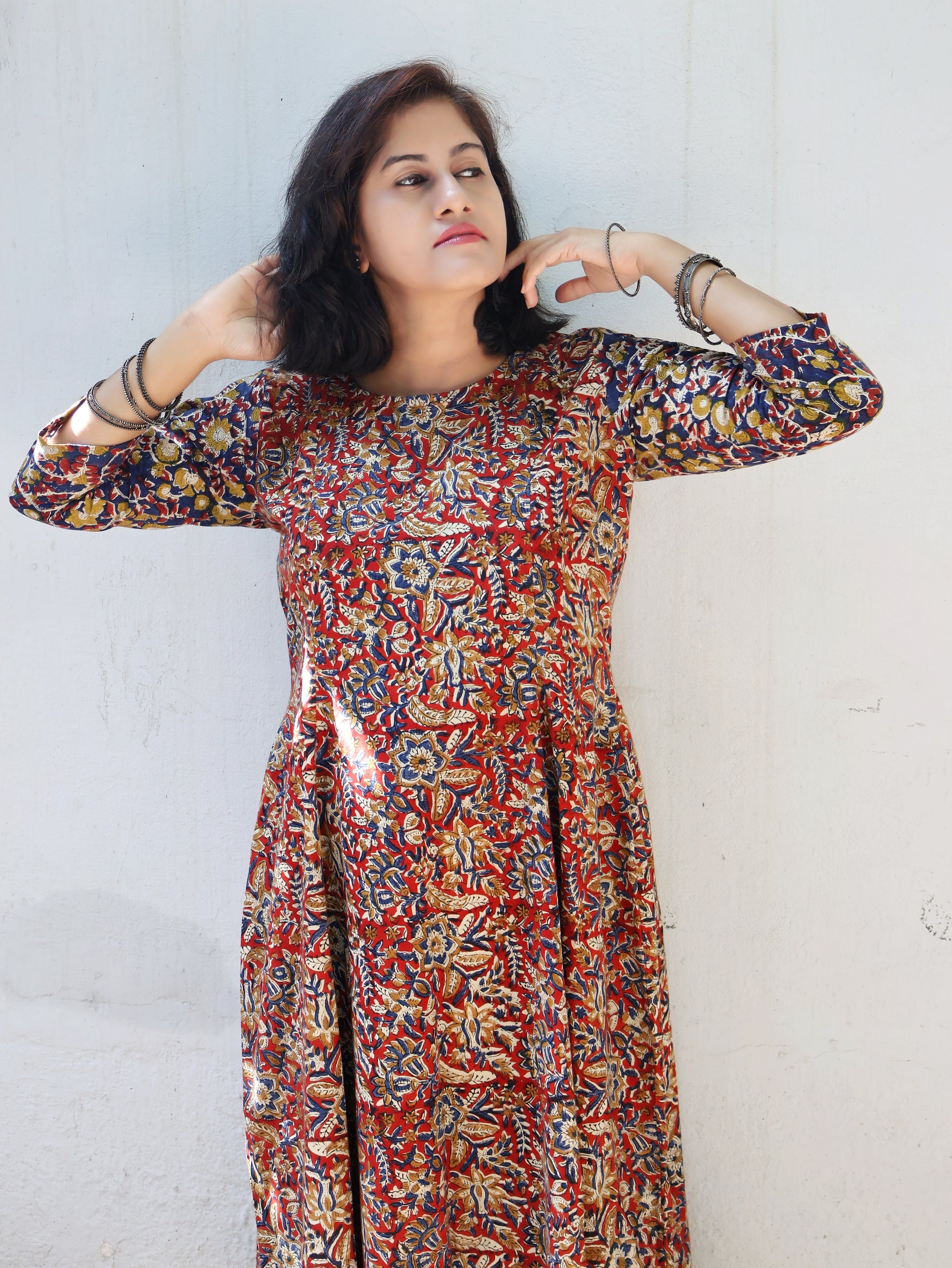 Red Blue Artisan-Made Kalamkari Cotton Kurta for Women
