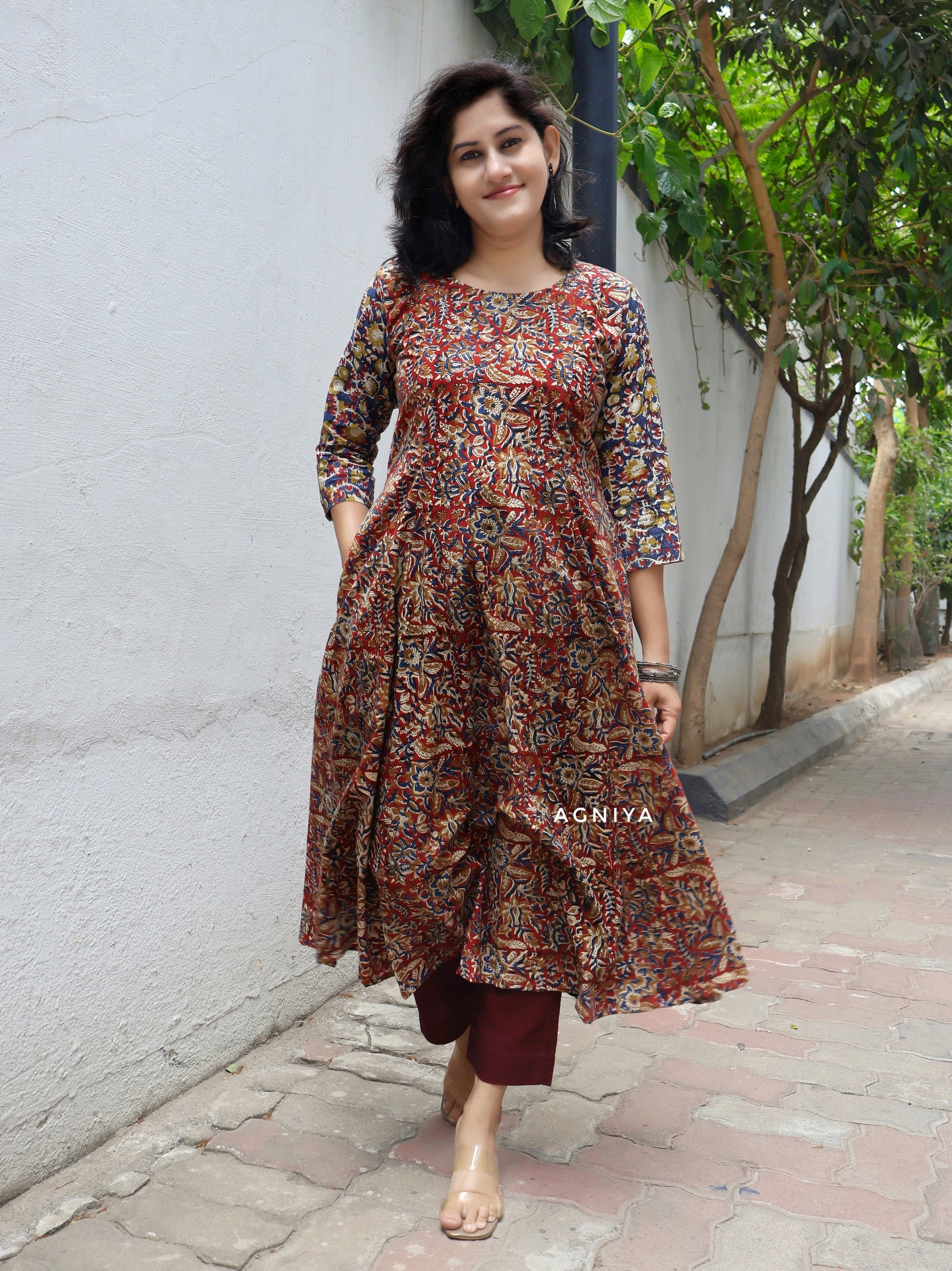 Red Blue Kalamkari Hand Block Cotton Kurta for Women