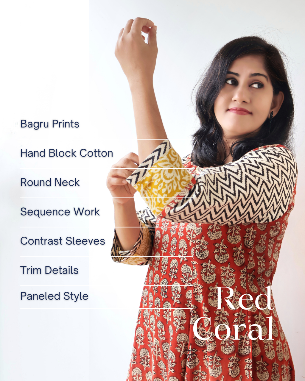 Red Coral Bagru Hand Block Cotton Kurta