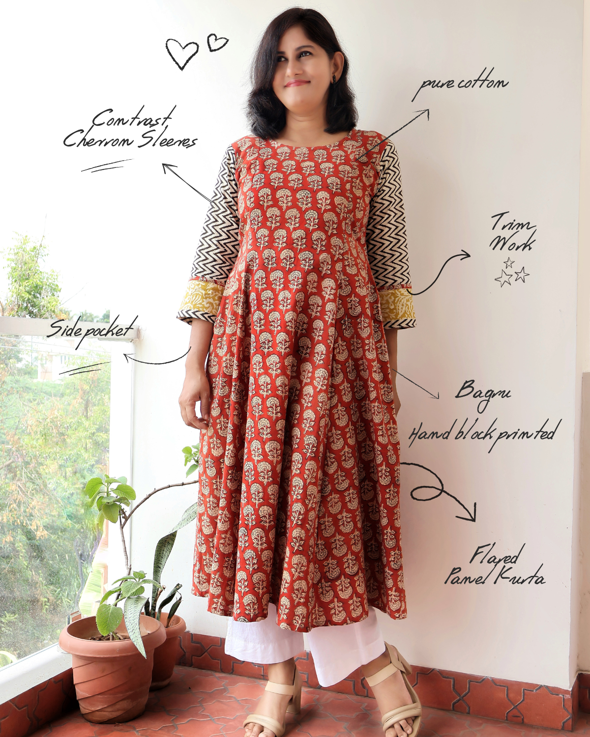 Red Coral Bagru Hand Block Cotton  Kurta