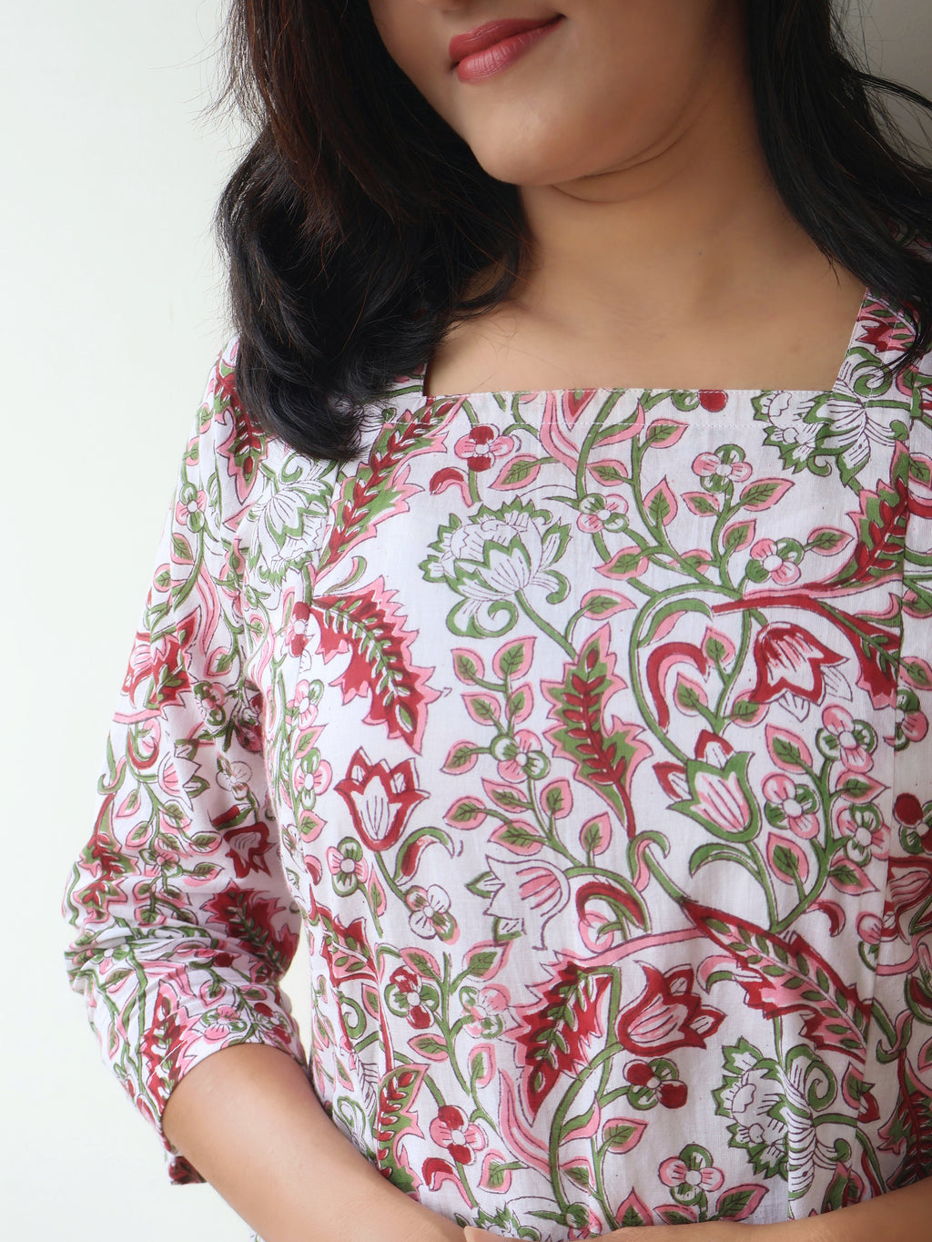 White floral garden kurta with panelled flare and modern square neckline