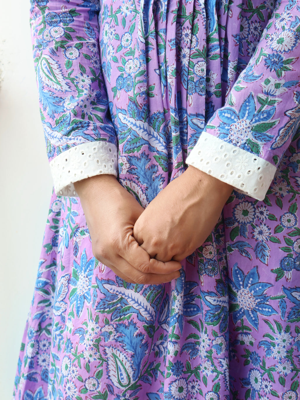 Close-up of Hand Block Printed Detailing on Iris Purple Kurta