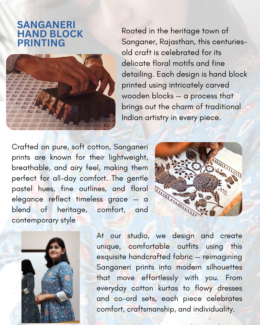 Advertisement for Sanganeri hand block printing with text and images of fabric and a person wearing a garment.