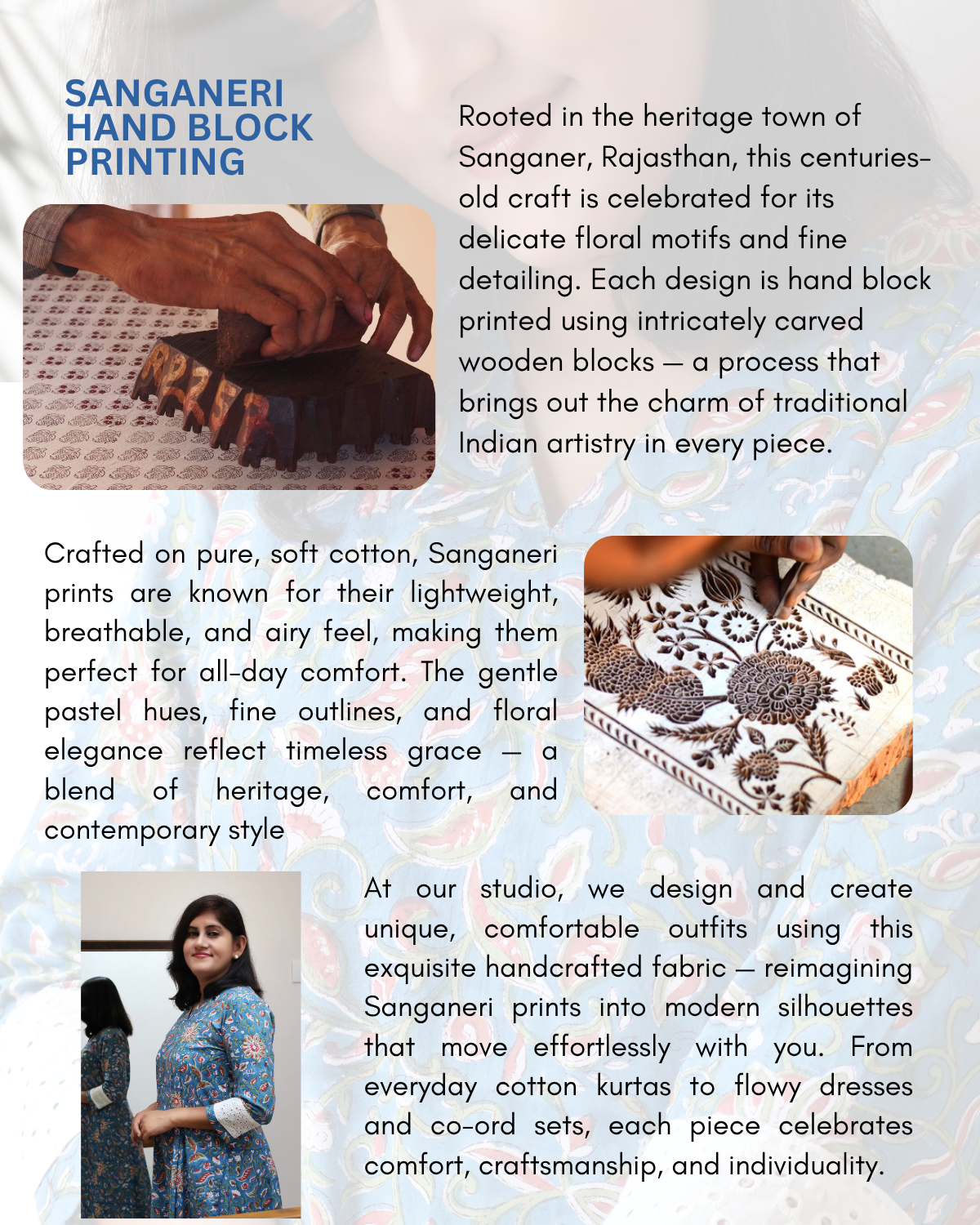 Advertisement for Sanganeri hand block printing with text and images of fabric and a person wearing a garment.