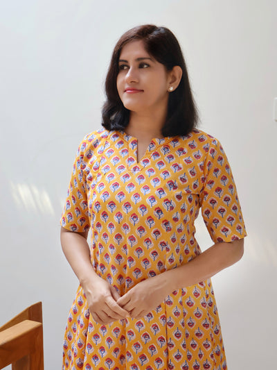raditional Indian Sanganeri hand block cotton kurta in yellow with red motif print