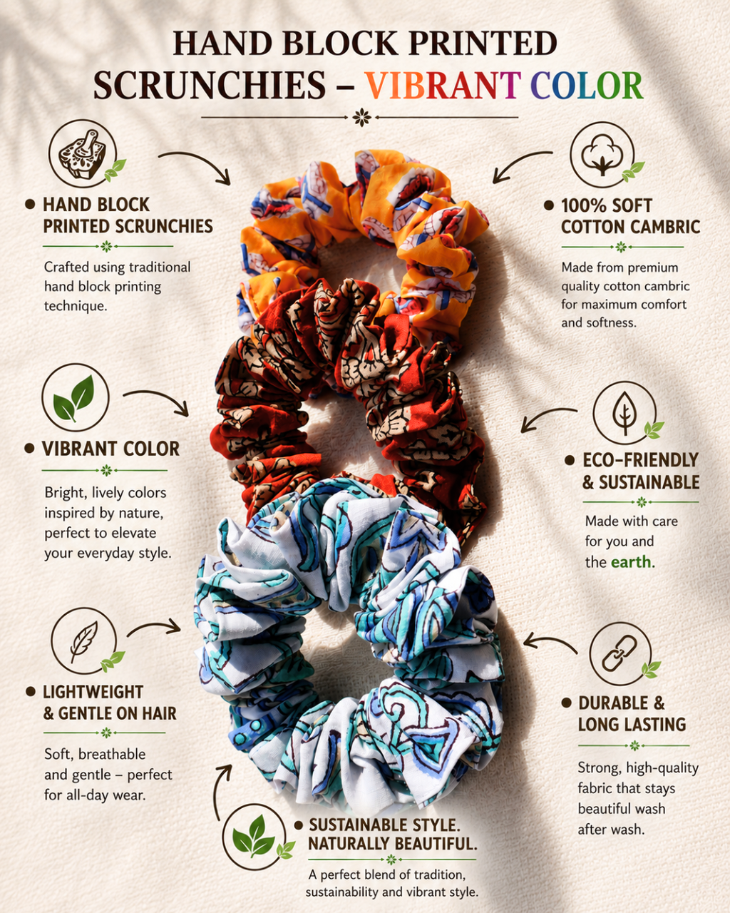 Premium Hand Block Cotton Scrunchies - Pack of 3