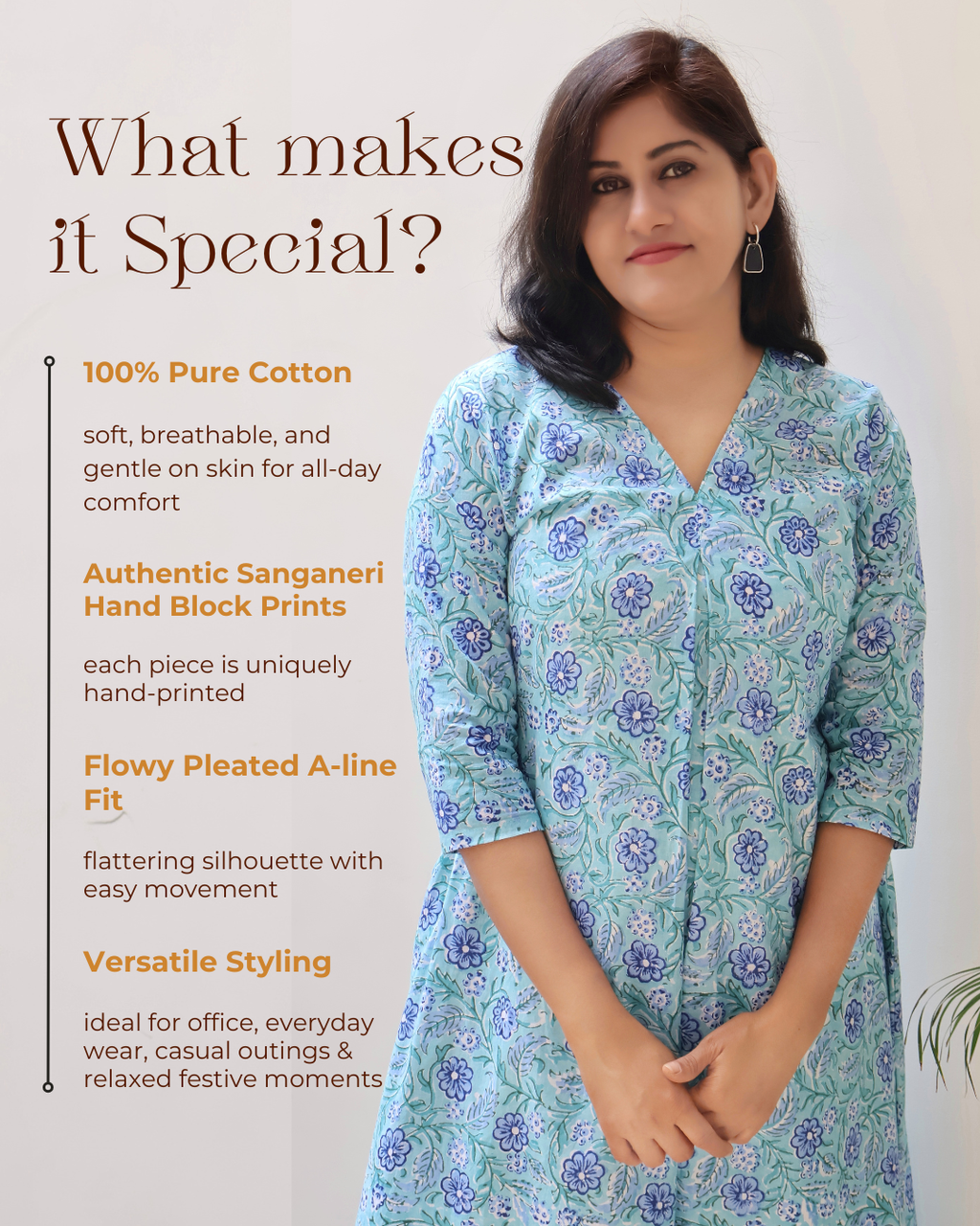 Seafoam Blue Sanganeri Hand Block Cotton Kurta