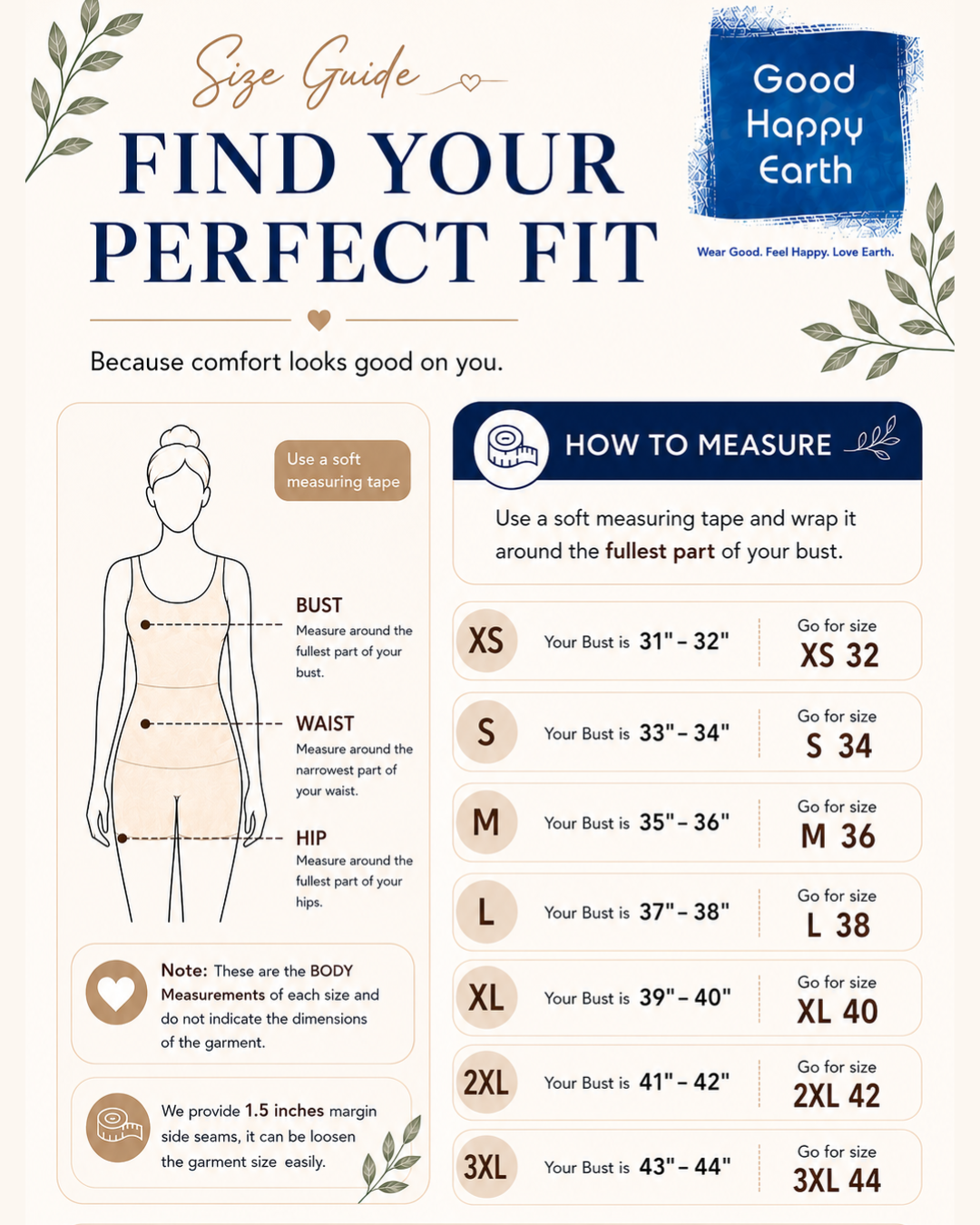 Size guide for clothing with measurement instructions and clothing with Good Happy Earth brand logo.