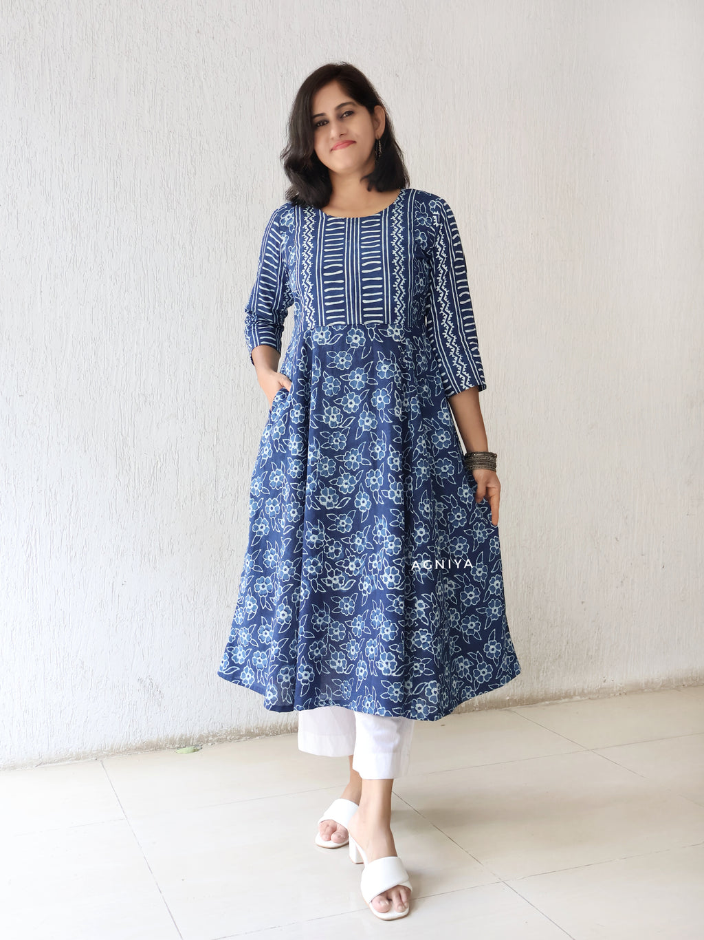 Soft Pure Cotton Indigo Kurta with Floral Block Prints and Side Pocket