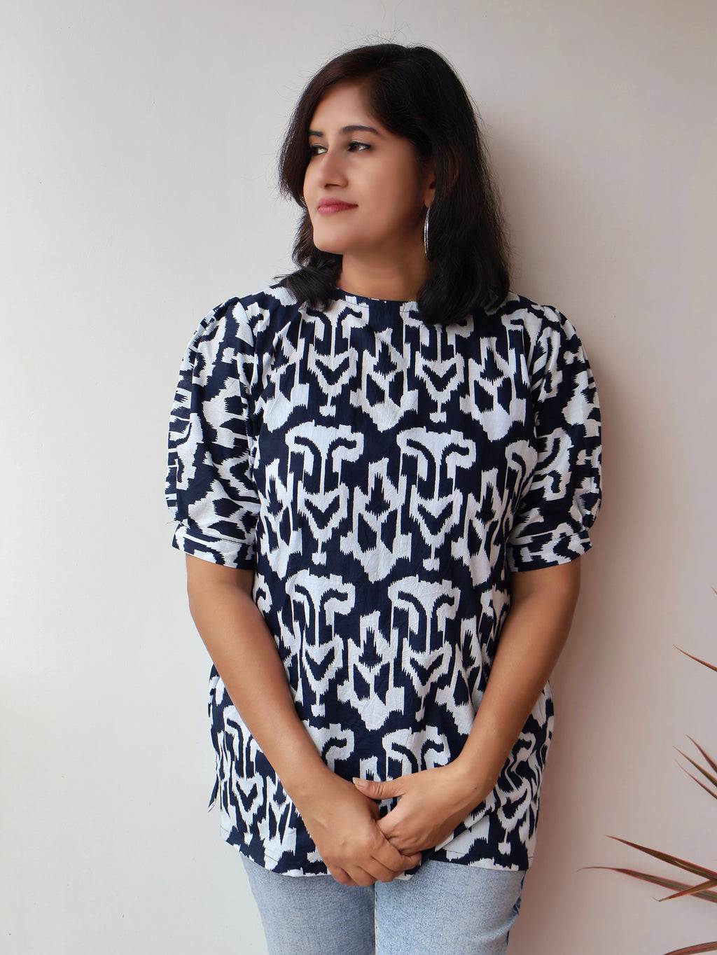 Stylish navy blue cotton top for office and casual wear