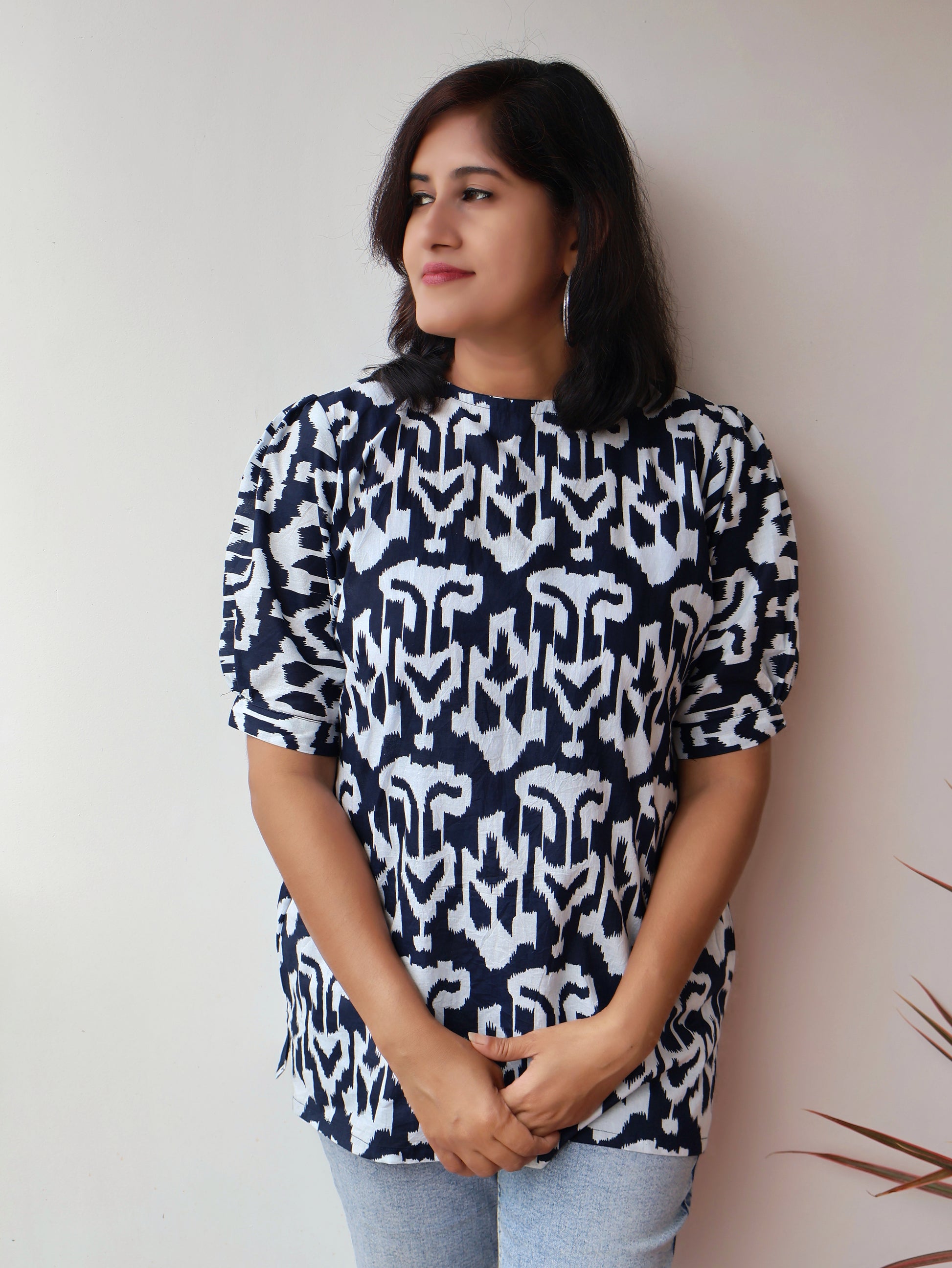 Stylish navy blue cotton top for office and casual wear