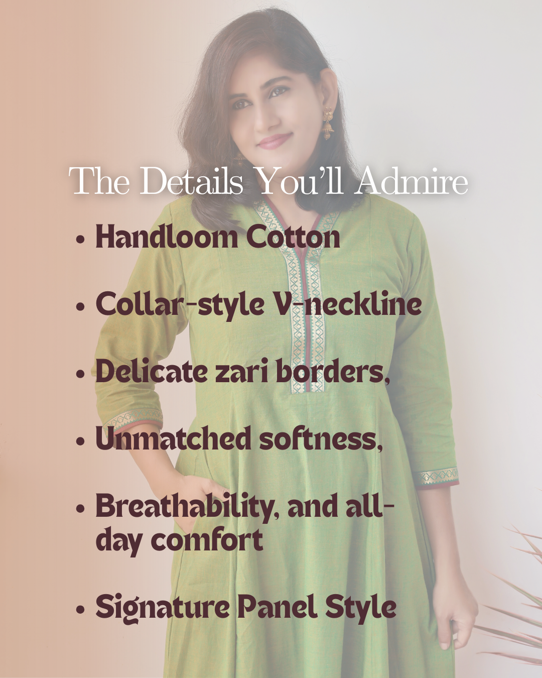 Tulsi Green Handloom Cotton Kurta with collar V-neck contrast trims and zari detailing - details about the kurta