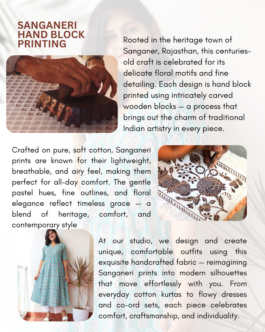 About Sanganeri hand block printing with text and images of printed fabric and a model wearing a  sanganeri kurta