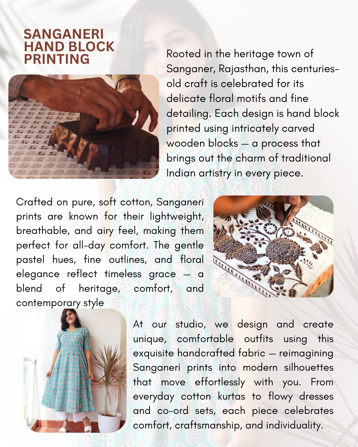 About Sanganeri hand block printing with text and images of printed fabric and a model wearing a  sanganeri kurta