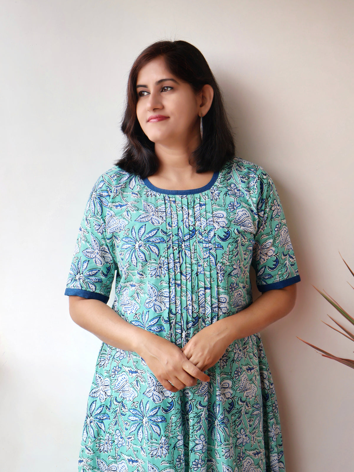 Shop Turquoise Mint A-line Cotton Kurta with Pintuck Details Online