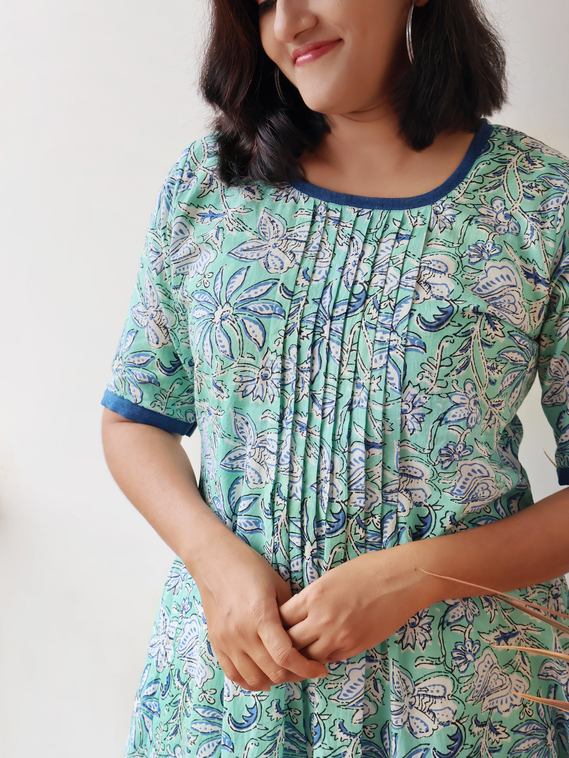 Buy Turquoise Mint A-line Cotton Kurta with Pintuck Details Online