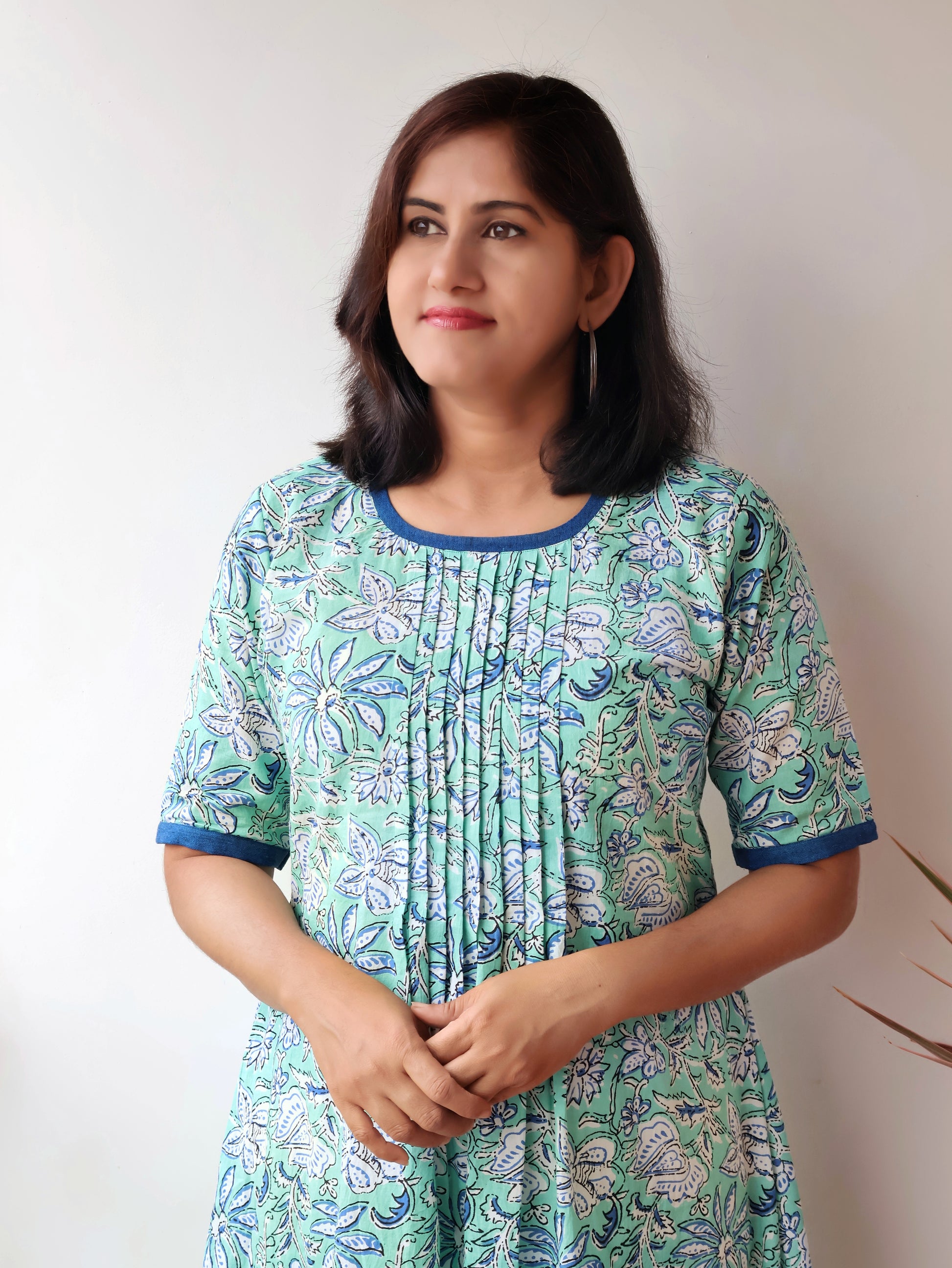 Elegant Turquoise Mint Cotton Kurta for Women – A-line Fit with Elbow Sleeves