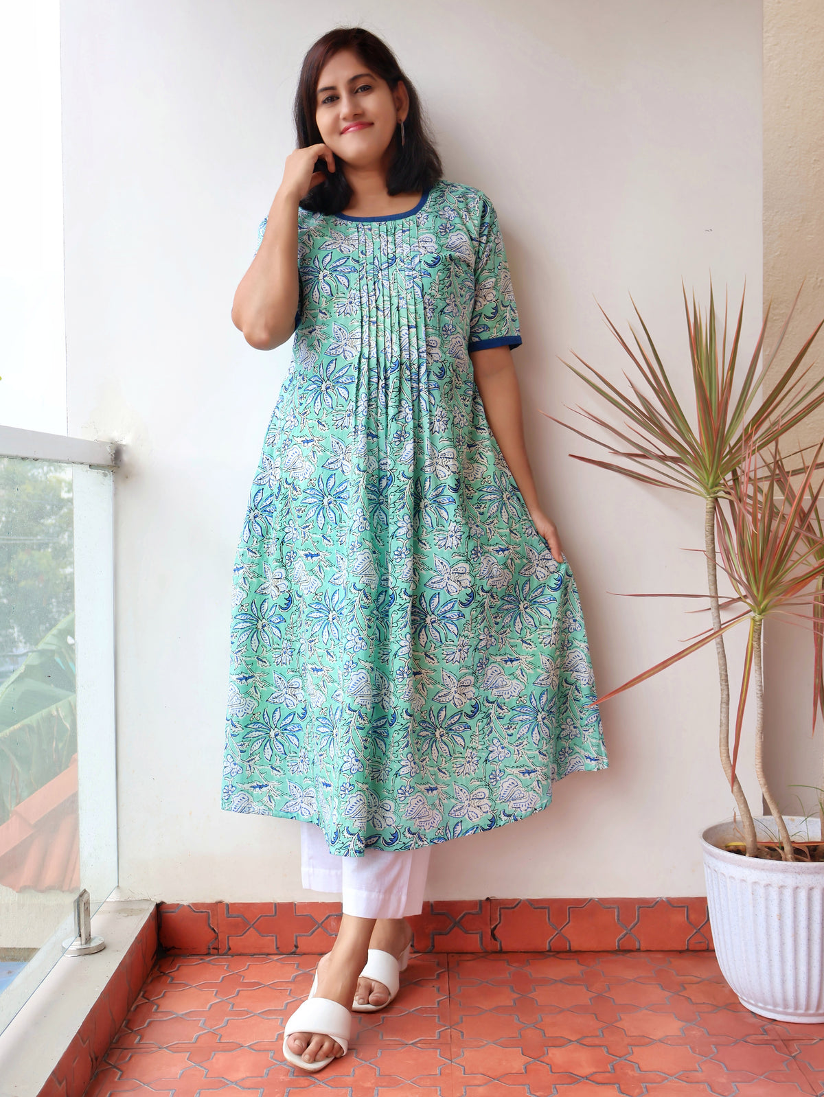 Buy Pure Cotton A-line Kurta in Turquoise Mint - Comfortable Everyday Wear for Women