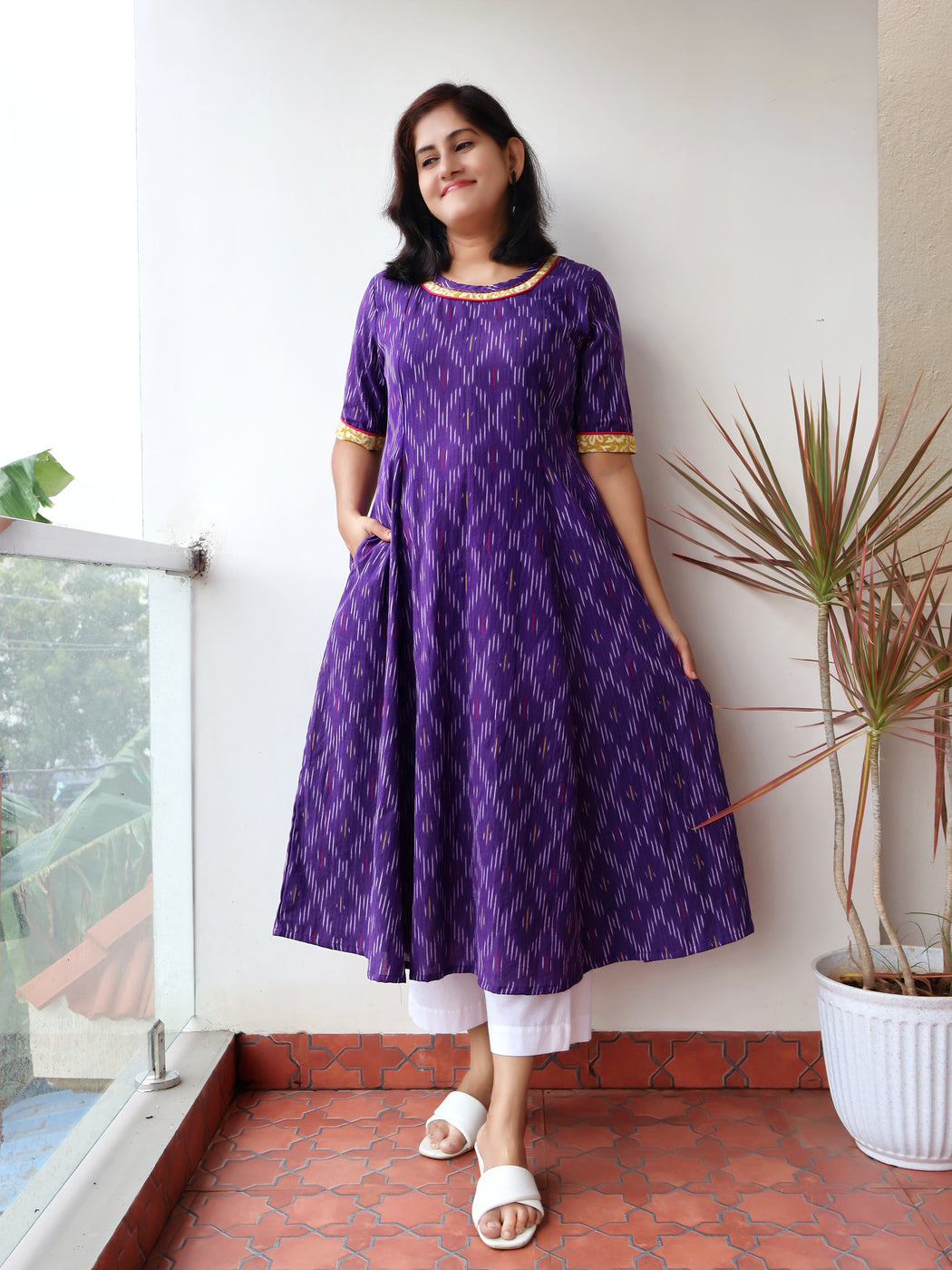 Coconut White Checks Handloom A-Line Kali Kurta