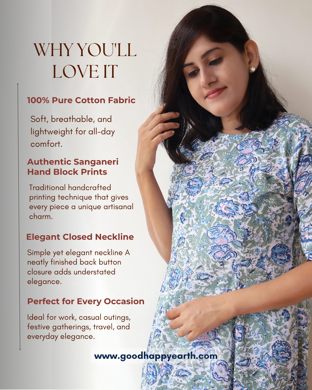 White Fern Floral Sanganeri Hand Block Cotton Kurta