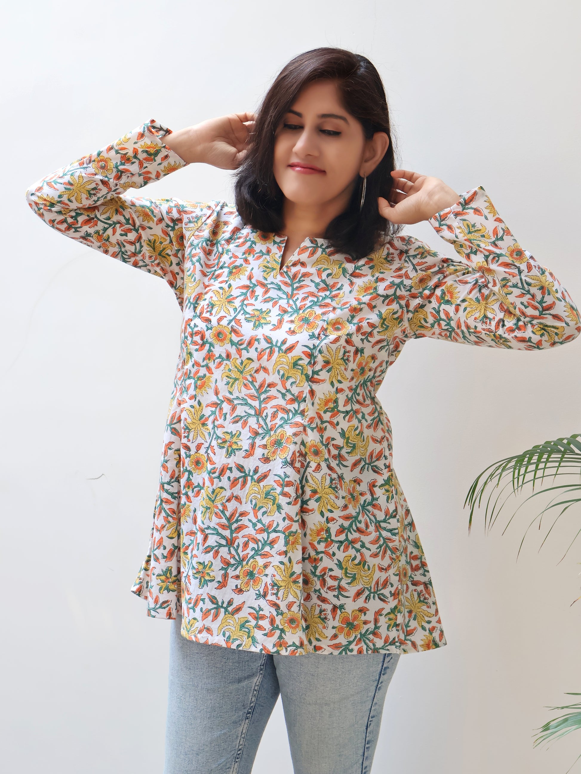 white floral charm sanganeri hand block pure cotton short top for women 