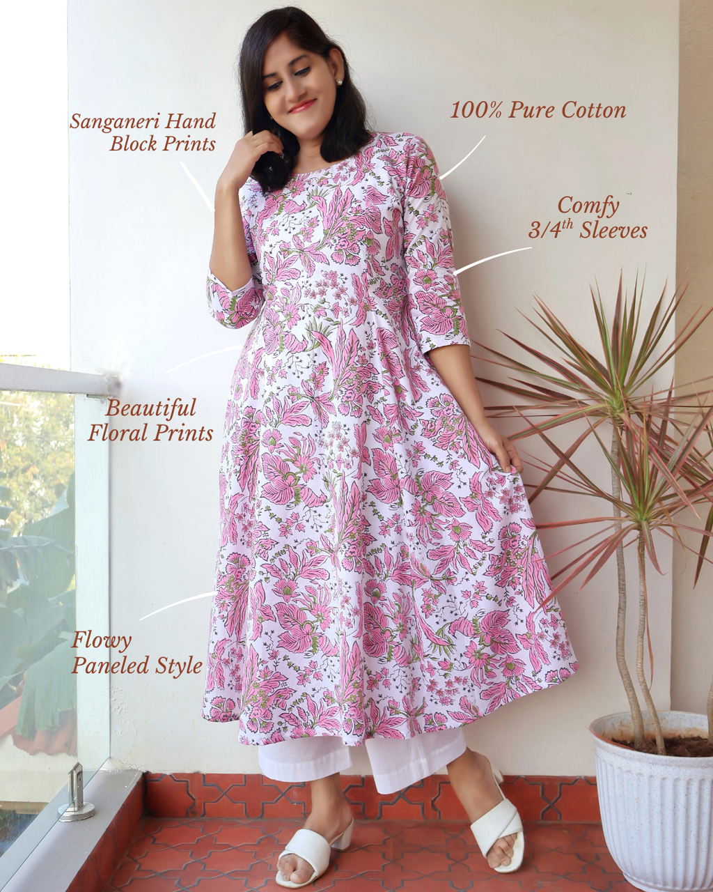 White Blush Bloom Sanganeri Hand Block Cotton Kurta