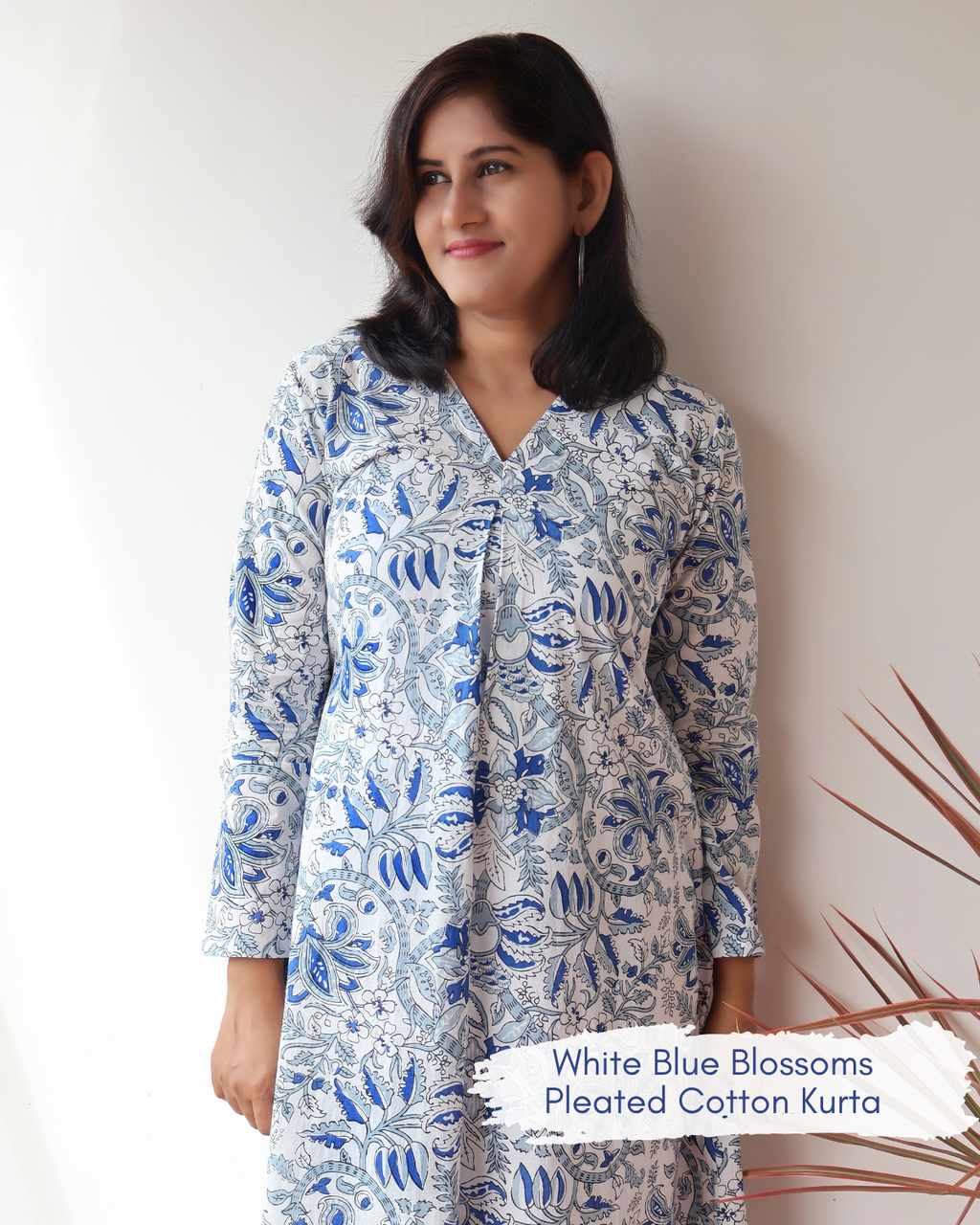 White Blue Blossoms Aline Cotton Kurta