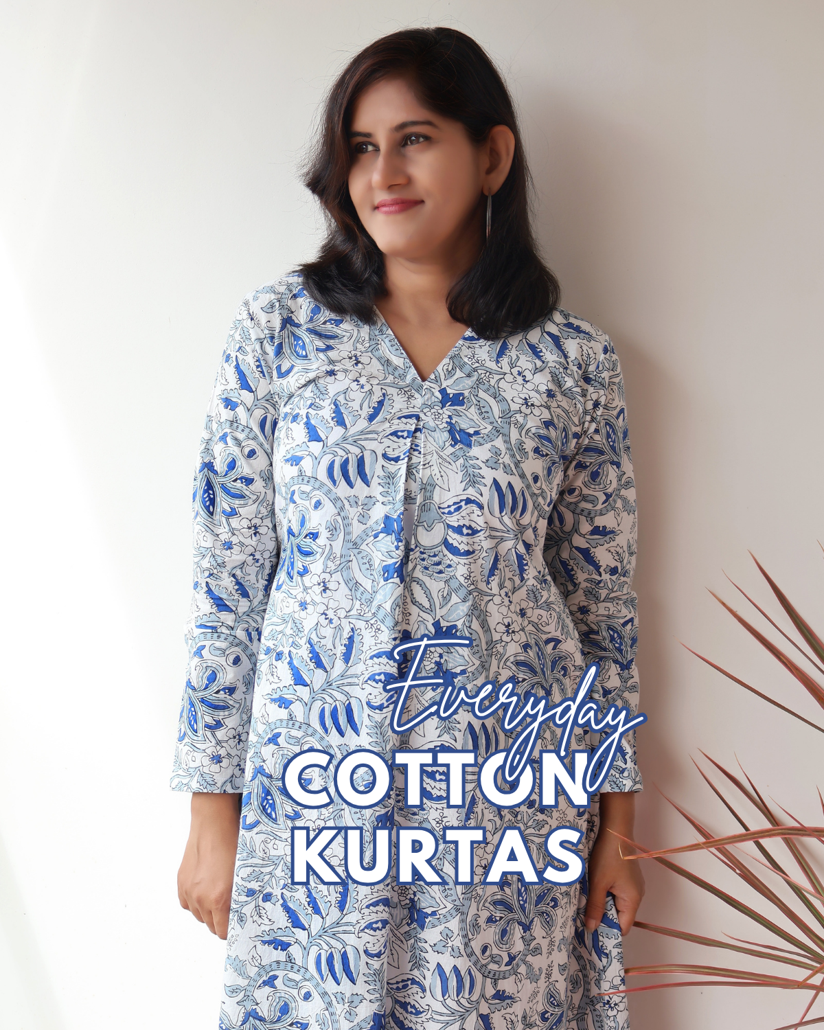 White Mist Blue Blossoms Aline Cotton Kurta