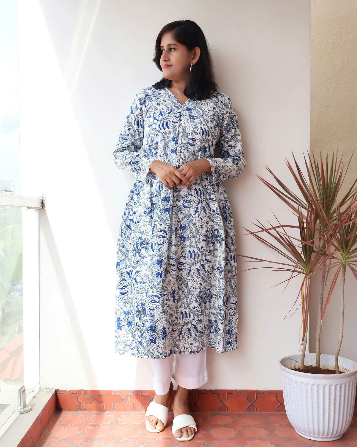 White Mist Blue Blossoms Aline Cotton Kurta