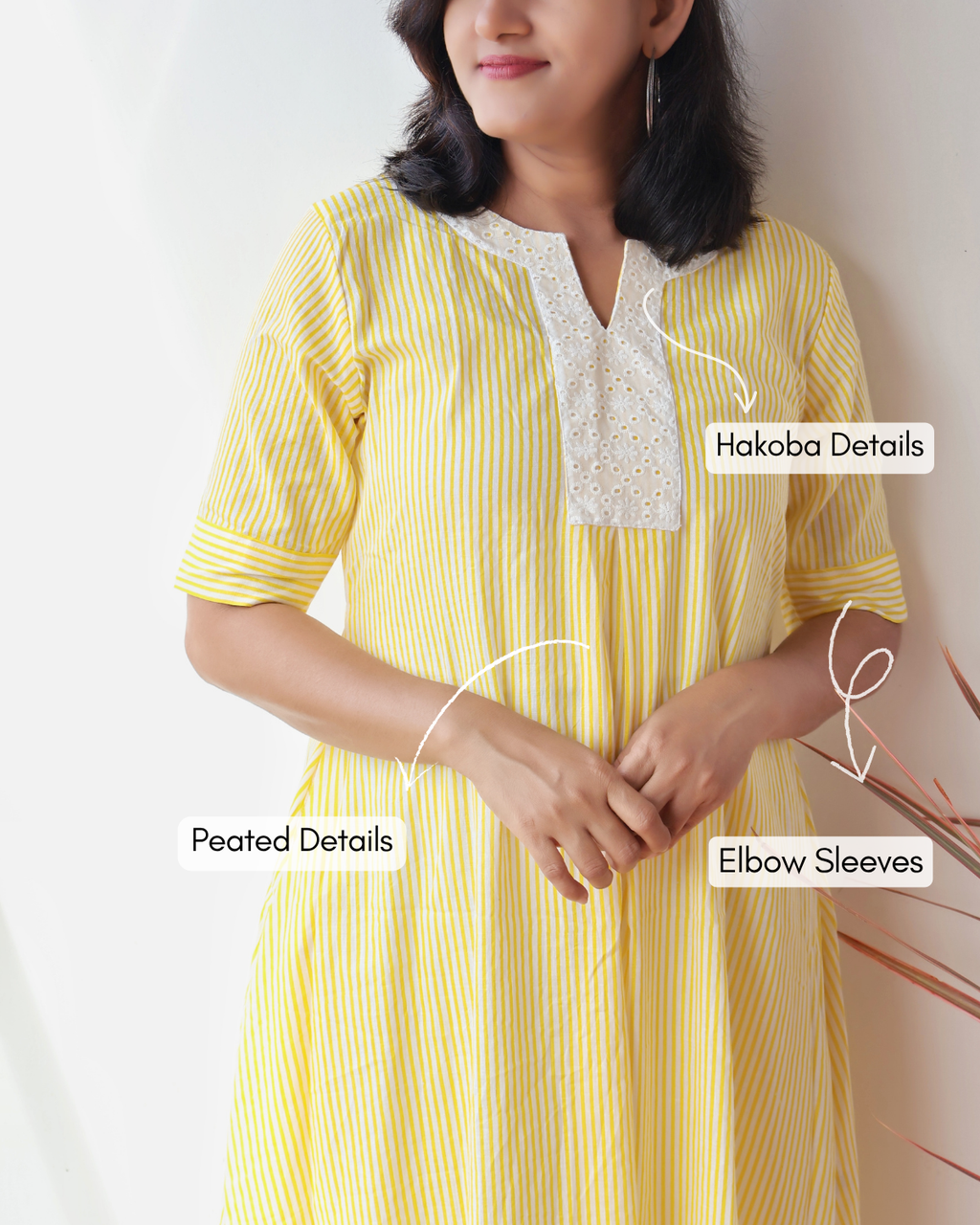 Pure cotton yellow A-line kurta with handcrafted Hakoba detailing