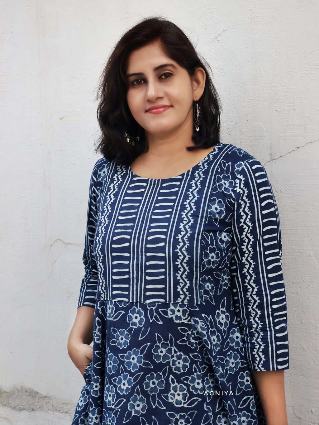 Women’s Indigo Dabu Hand Block Cotton Kurta with Paneled A-line Fit and Pocket