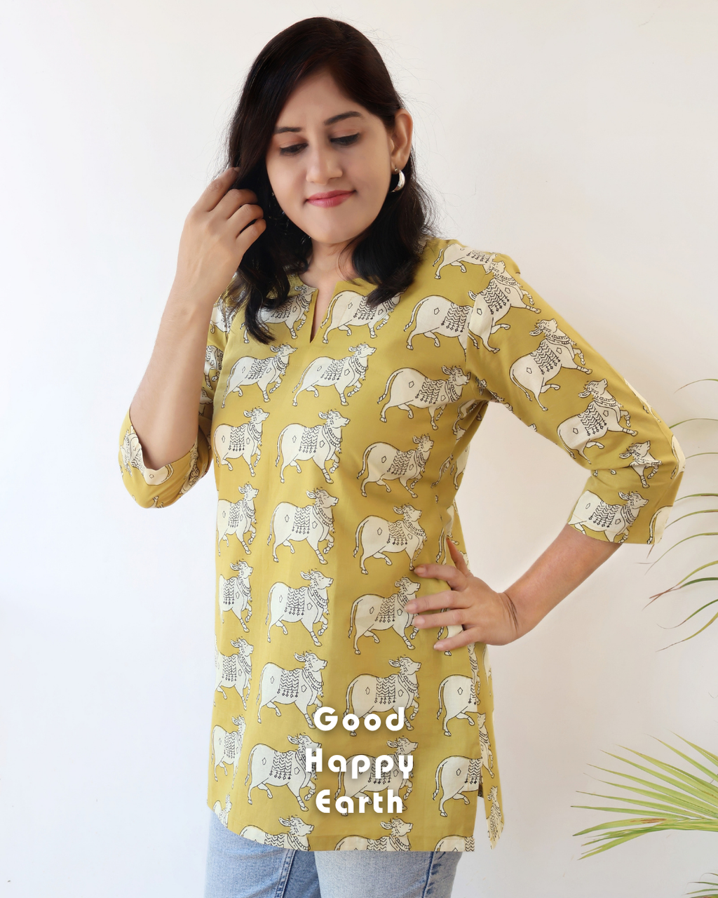 Yellow Pichwai Cow Bagru Hand Block Print Straight Short Top