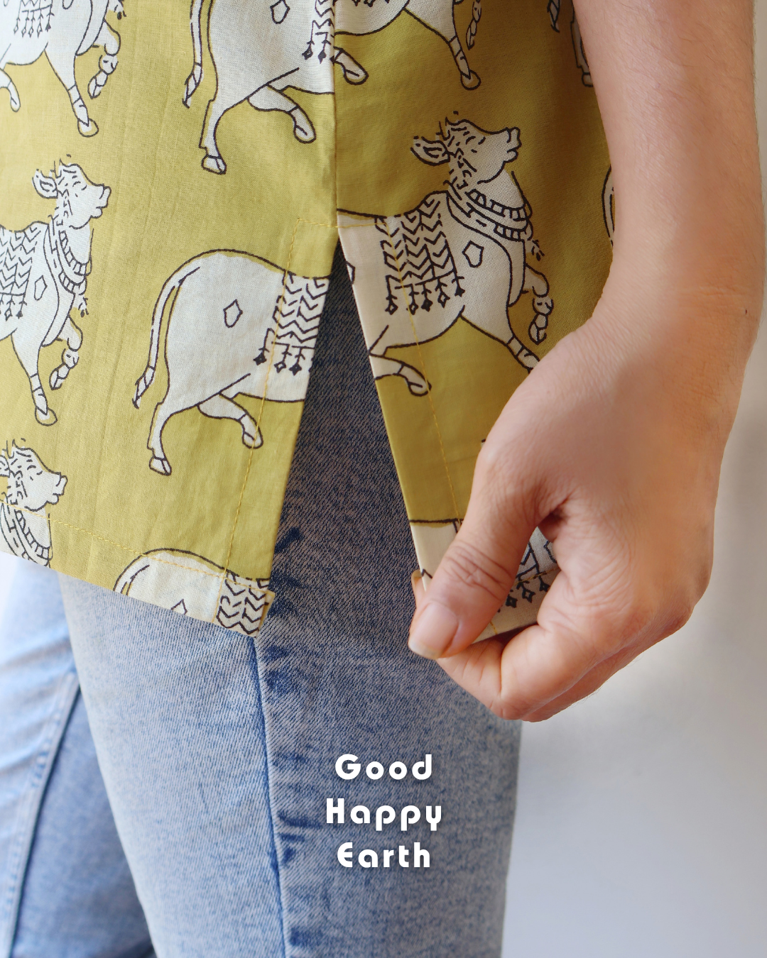 Yellow Pichwai Cow Bagru Hand Block Print Straight Short Top