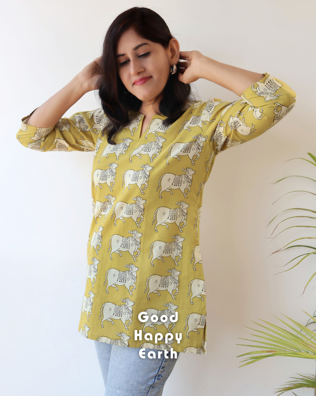 Yellow Pichwai Cow Bagru Hand Block Print Straight Short Top