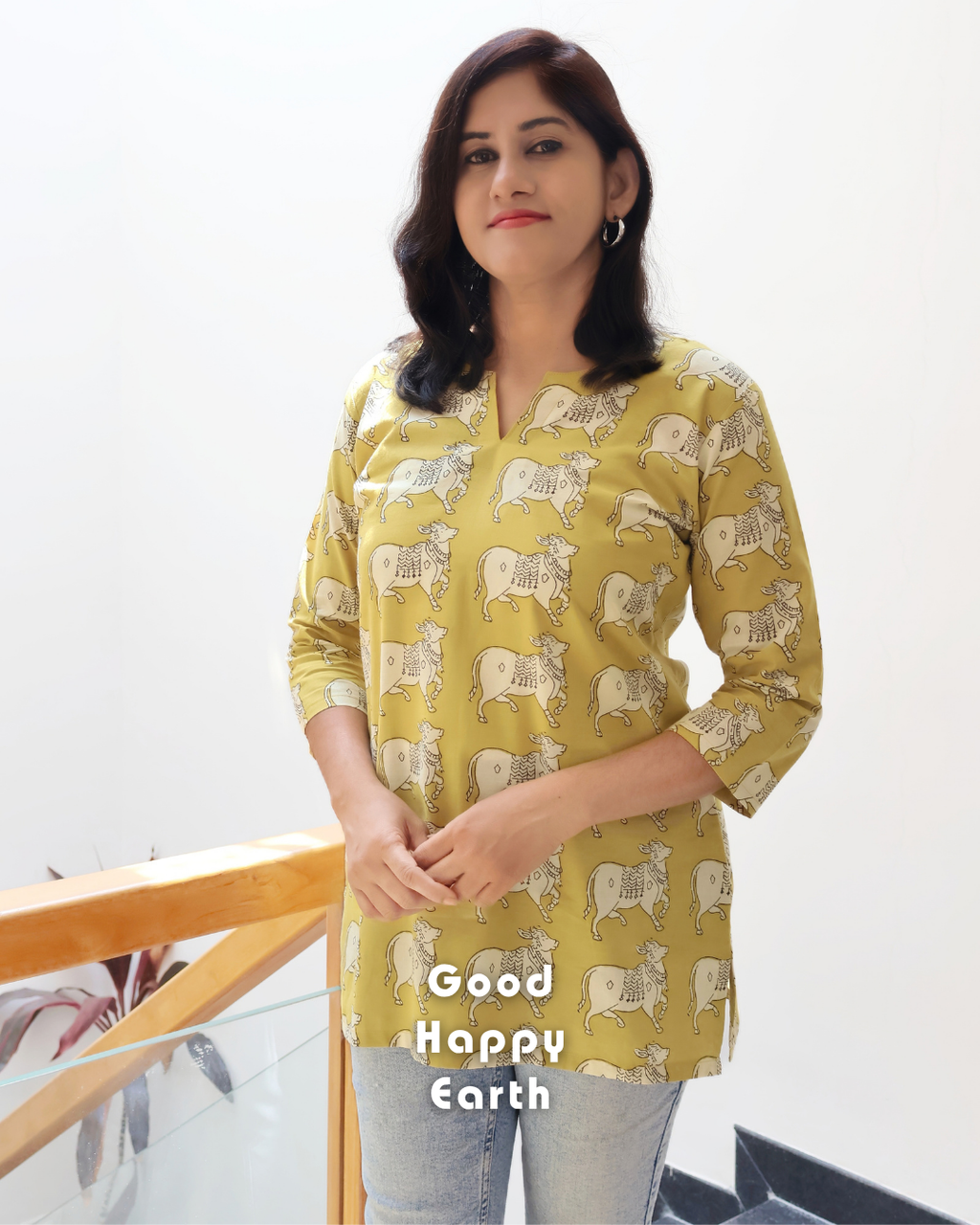 Yellow Pichwai Cow Bagru Hand Block Print Straight Short Top