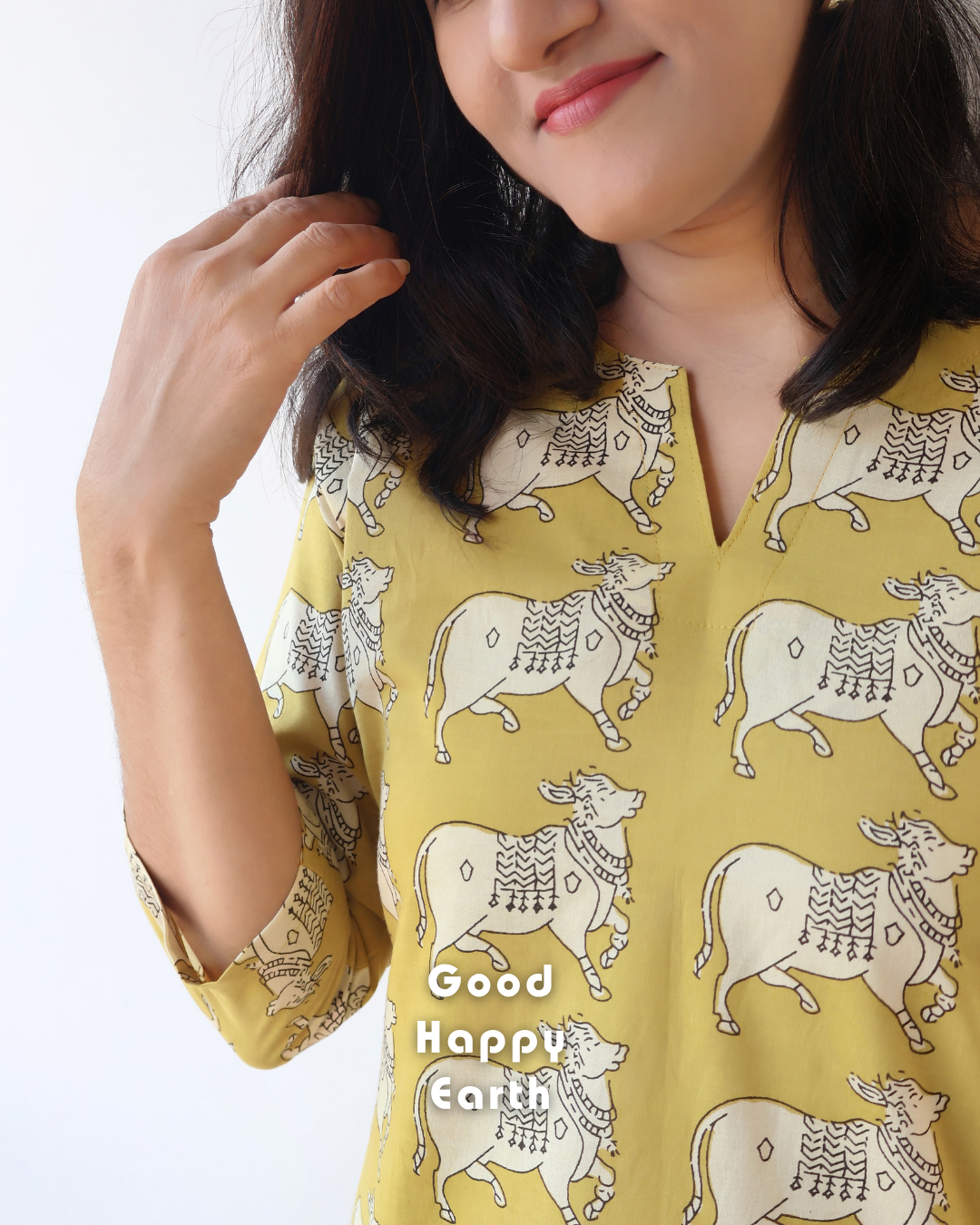 Yellow Pichwai Cow Bagru Hand Block Print Straight Short Top