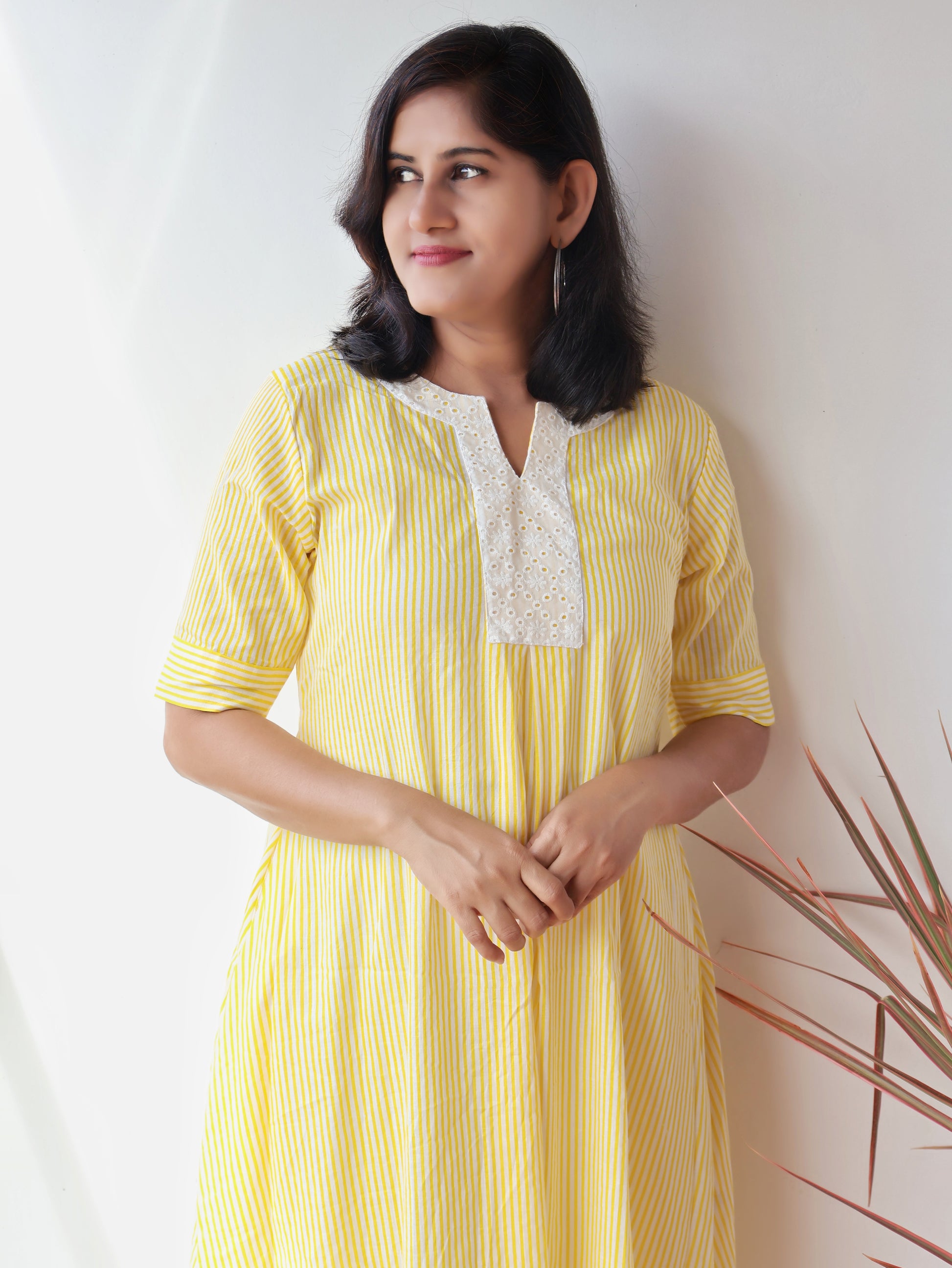 Hello Yellow Sunlight printed cotton A-line kurta with Hakoba yoke and pin stripes